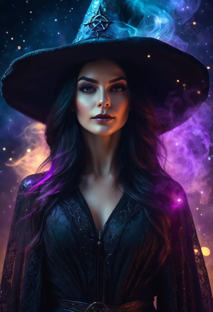a beautiful woman WITCH WITH A hat and UNIVERSE,colored lights the Style-RustMagic, Aum, (atmosfera escura:1.2), (Mist & smoke), (noite escura:1.3), Cicatrizes, (shaggy medium length dark hair:1.1), (sombra:1.1), (brilho lindamente detalhado:1.2), (cinematic lighting), detalhe intrincado, high resolution,