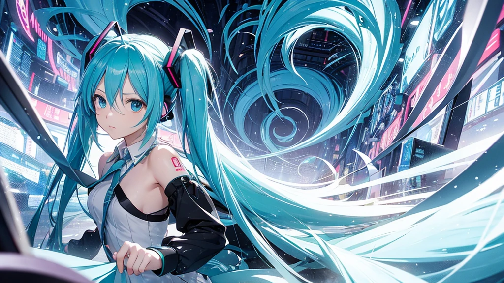 An image depicting Hatsune Miku traveling through the labyrinth of doubt。She's fighting the shadows、Moving towards hope for the future。With a thunderous bass line in the background、There is a bright light that represents hope.、It expresses a powerful figure that paves the way to the future.。