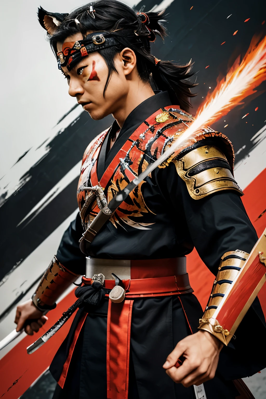 Superflat style with flat, two-dimensional imagery, inspired by Japanese manga and anime, often with a commentary on consumer culture, Super flat 2D (Warrior samurai tiger:1.35), black, red, serenity, war, superflat, flat, two-dimensional imagery, Japanese manga, anime, commentary, contemporary, dynamic, vibrant