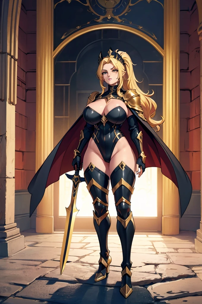 Masterpiece, perfect anatomy, incredible quality. (body, full, standing) ((huge breasts)) 1 beautiful woman, golden hair in a ponytail, black crusader armor with gold details full body, red protective cape, crusader headdress, black sword in the right hand, imposing posture

