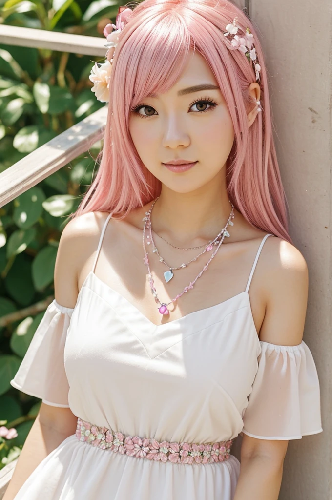 (8k high quality), (2d high quality), (high anime quality), (6 yrs old beautiful young girl), (beautiful face), (beautiful model), (shining, shoulder-length, straight w/ curve at the edge pink hair), (galaxy blue eyes, almond shape eyes), (shining smooth skin), (prominent nose), (rounded jawline), (beautiful thin eyebrow), (beautiful wristwatch), (beautiful silver necklace with heart pendant), (beautiful white school uniform)