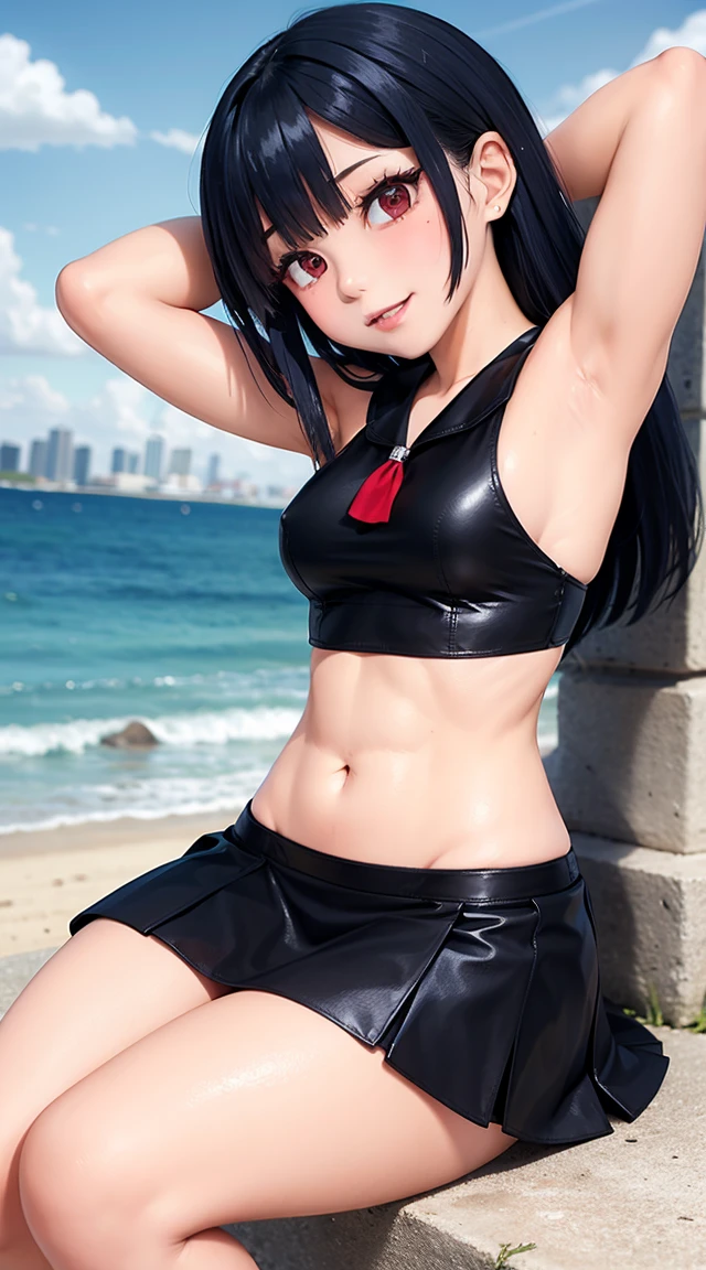 (cabello despeinado), (illustration), retrato, (fondo de ciudad futurista), (arms behind back), Cintura delgada, gran sonrisa, abdominales fuertes, chica delgada, strong abs, muscle girl, front pose, big thighs, focus on face, flat chested, large city background, blue hair, red eyes, skirt, sit on rock, detailed vagina, nude, sailor suit