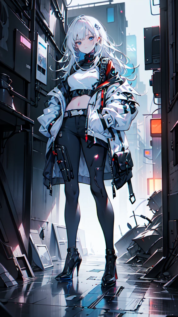 1 girl, long white hair , cyberpunk, blue eyes, high heels, hand in pocket, best quality, 4k, 8k, highres, masterpiece:1.2, ultra-detailed, realistic, photorealistic, photo-realistic:1.37, HDR, UHD, studio lighting, ultra-fine painting, sharp focus, physically-based rendering, extreme detail description, professional, vivid colors, bokeh, cyberpunk, science fiction, neon lights, dark atmosphere, dramatic lighting