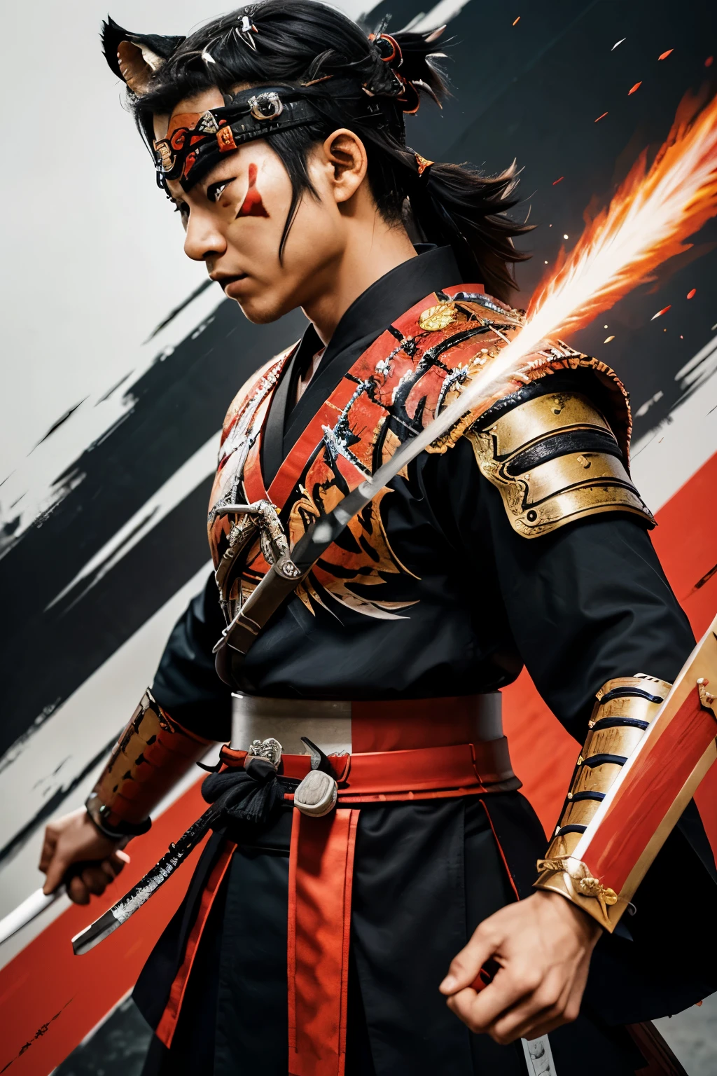 Superflat style with flat, two-dimensional imagery, inspired by Japanese manga and anime, often with a commentary on consumer culture, Super flat 2D (Warrior samurai tiger:1.35), black, red, serenity, war, superflat, flat, two-dimensional imagery, Japanese manga, anime, commentary, contemporary, dynamic, vibrant