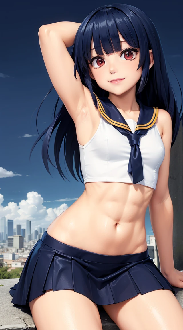 (cabello despeinado), (illustration), retrato, (fondo de ciudad futurista), (arms behind back), Cintura delgada, gran sonrisa, abdominales fuertes, chica delgada, strong abs, muscle girl, front pose, big thighs, focus on face, flat chested, large city background, blue hair, red eyes, skirt, sit on rock, detailed vagina, nude, sailor suit