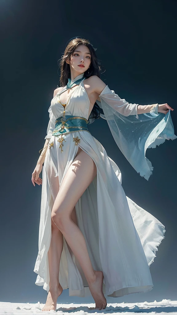 Masterpiece, best quality, realistic, (1 girl: 1.3), blue gold white clothes, shawl long hair, jump, leap, dance, green gold white clothes, long skirt, long scarf, flowing, light armor, snow white skin, bare shoulders, full body, (from below:1.5), martial arts, dynamics, flames, particles