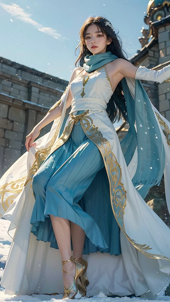 Masterpiece, best quality, realistic, (1 girl: 1.3), blue gold white clothes, shawl long hair, jump, leap, dance, green gold white clothes, long skirt, long scarf, flowing, light armor, snow white skin, bare shoulders, full body, (from below:1.5), martial arts, dynamics, flames, particles