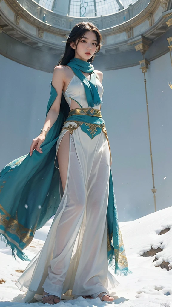 Masterpiece, best quality, realistic, (1 girl: 1.3), blue gold white clothes, shawl long hair, jump, leap, dance, green gold white clothes, long skirt, long scarf, flowing, light armor, snow white skin, bare shoulders, full body, (from below:1.5), martial arts, dynamics, flames, particles