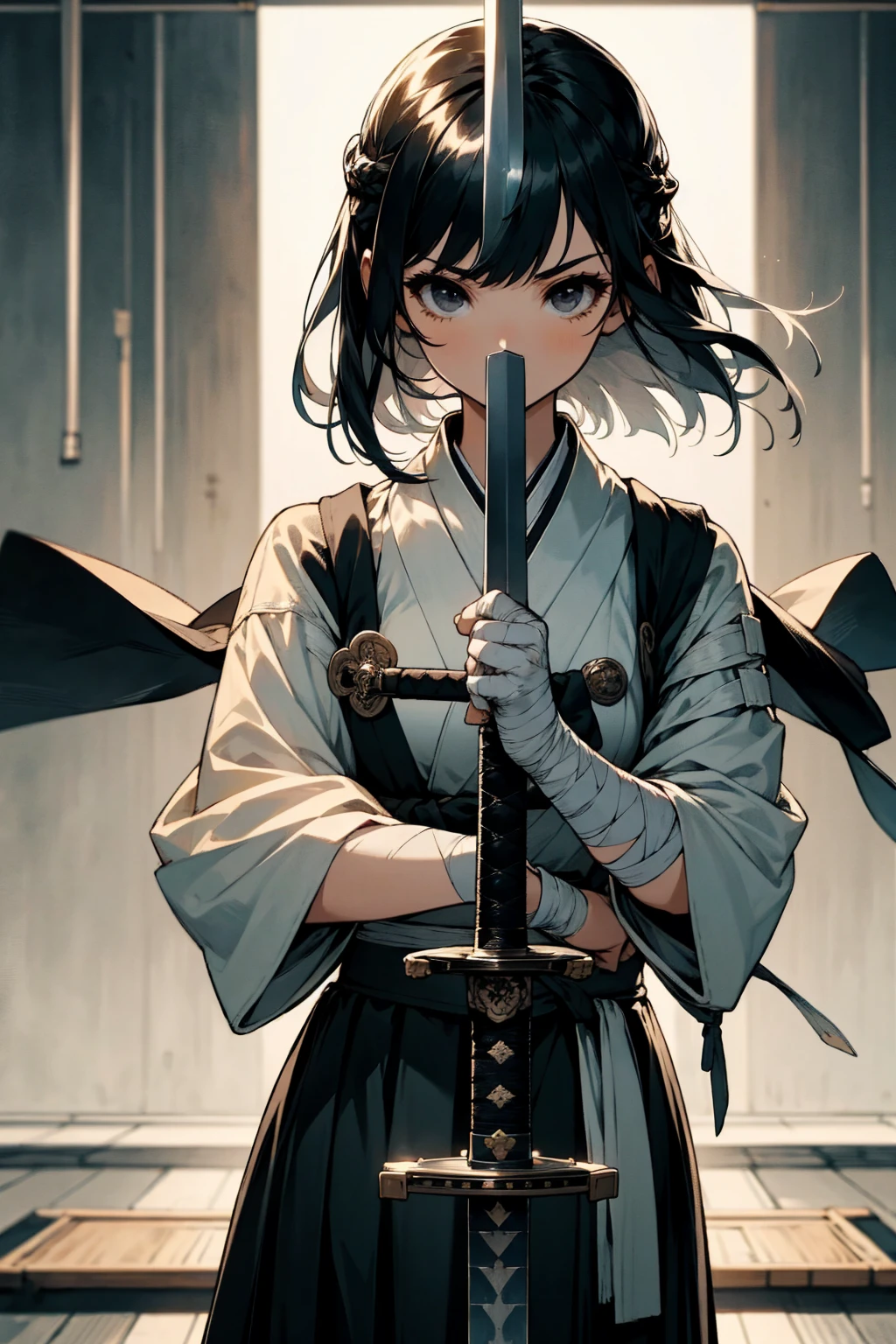 1female, black hair, short flowing hair, black eyes, holding longsword, sword salute, fighting clothing, skirt, bandaged arms, dojo background, detailed background, standing on path