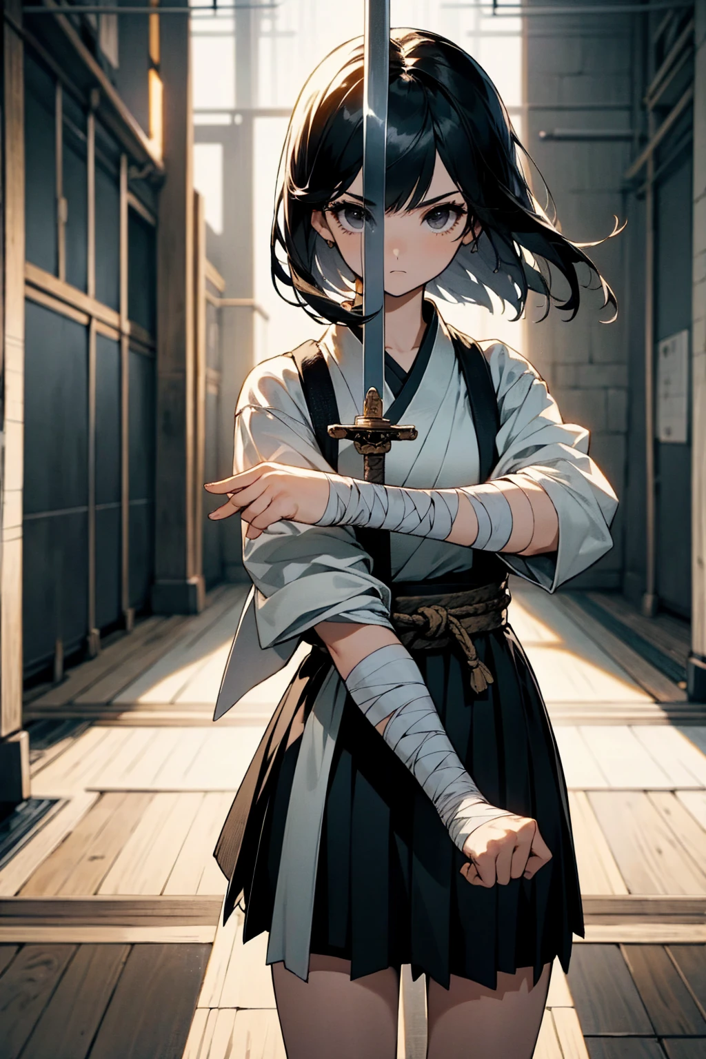 1female, black hair, short flowing hair, black eyes, holding longsword, sword salute, fighting clothing, skirt, bandaged arms, dojo background, detailed background, standing on path