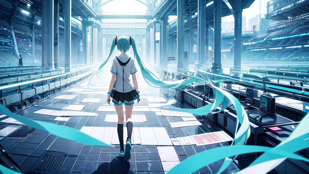 An image depicting Hatsune Miku traveling through the labyrinth of doubt。She's fighting the shadows、Moving towards hope for the future。With a thunderous bass line in the background、There is a bright light that represents hope.、It expresses a powerful figure that paves the way to the future.。