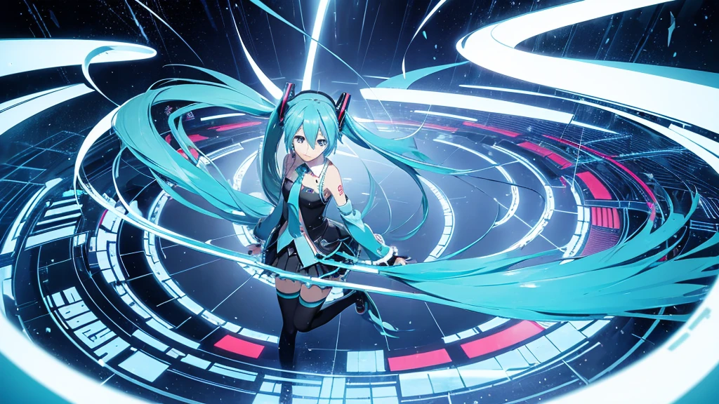 An image depicting Hatsune Miku traveling through the labyrinth of doubt。She's fighting the shadows、Moving towards hope for the future。With a thunderous bass line in the background、There is a bright light that represents hope.、It expresses a powerful figure that paves the way to the future.。