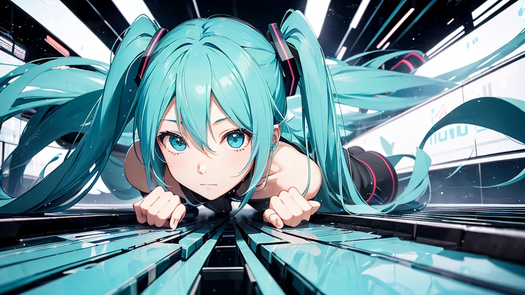 An image depicting Hatsune Miku traveling through the labyrinth of doubt。She's fighting the shadows、Moving towards hope for the future。With a thunderous bass line in the background、There is a bright light that represents hope.、It expresses a powerful figure that paves the way to the future.。