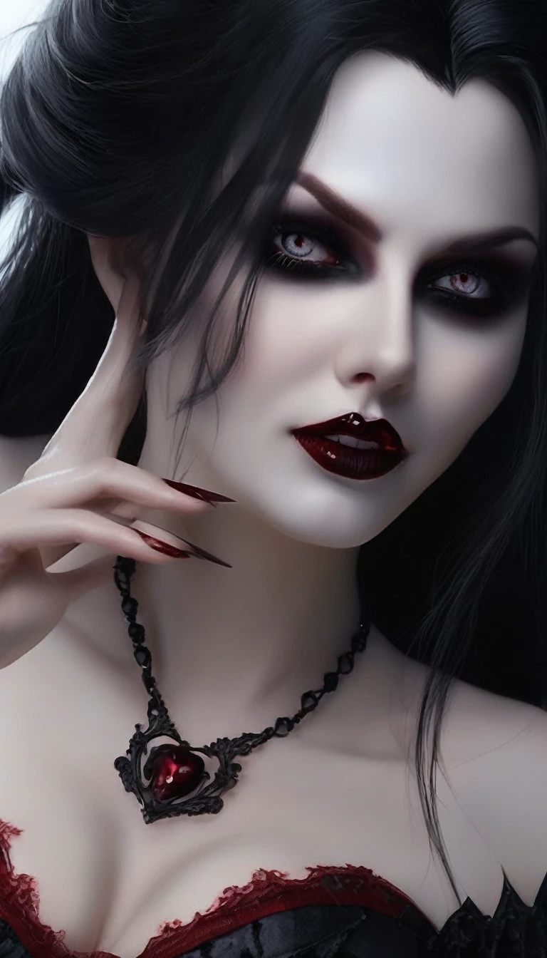 seductive vampire woman, busty and long black hair, realism, pale skin, sharp fangs, dark eyes, mouth open with sharp teeth, loose hair, Gothic attire, Canon,4K, mysterious, sinister, horror, Gothic, High 8K Image Quality, detailed image 16K.