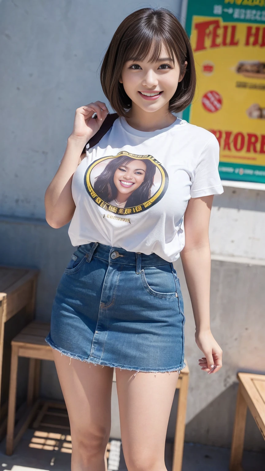 8k,((highest quality)),Very detailed,((masterpiece)),Realistic, masterpiece, highest quality, (Reality: 1.4), オリジナルphotograph, 35mm lens, Aperture f1.4, Movie Posters, Light and shadow,((Big Tits 1.1)),girl,Real Skin, (Skin Details: 1.3),Corrects your fingers into a beautiful shape,Two beautiful arms,Real fingers with attention to detail,High quality skin,photograph,short hair,Age 25,((Big, wide eyes)),Voluptuous body,((Full Body Shot:1.3)),Ultra-high resolution,((Realistic: 1.4)), RAWphotograph,Beautiful colors,Backlight,Bright lighting,(Bright smile:1.5),One Woman,((T-Shirts)),skirt,snap shot,Portrait,