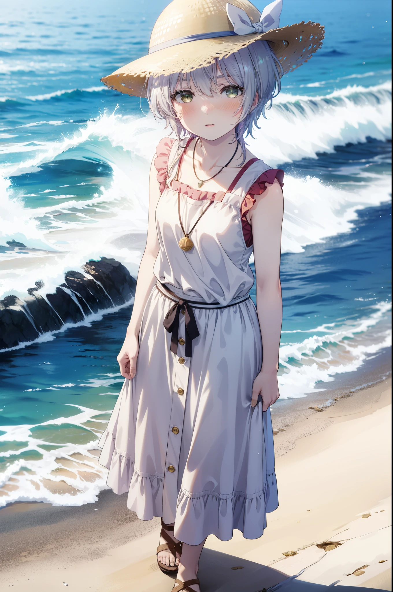 fuukakikuchi, fuuka kikuchi, １Girl Girl,short hair, bangs, Hair between the eyes, (Green Eyes:1.3), Straw hat,Brown seashell necklace,Gray Hair,smile,blush,White vest,Red Tank Top,Long skirt,Cute Sandals,whole bodyがイラストに入るように,Daytime,Clear skies,walking,morning,morning陽,The sun is rising,
break outdoors, Coastal Road,Sandy Beach,Building district,
break looking at viewer,whole body,Upper Body,
break (masterpiece:1.2), highest quality, High resolution, unity 8k wallpaper, (shape:0.8), (Fine and beautiful eyes:1.6), Highly detailed face, Perfect lighting, Highly detailed CG, (Perfect hands, Perfect Anatomy),