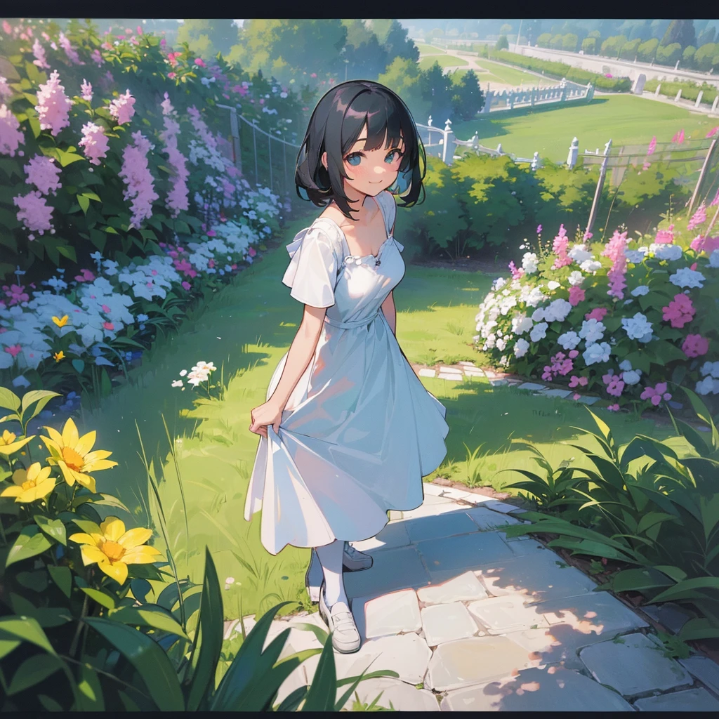 (high quality, High resolution, Very detailed, reality:1.37), Peaceful atmosphere, (Outdoor, garden), Teenage girl standing alone, (my breasts are big.), Beautiful details, Cute Smile, (Black bob hair), White camisole dress, White socks, loafers.