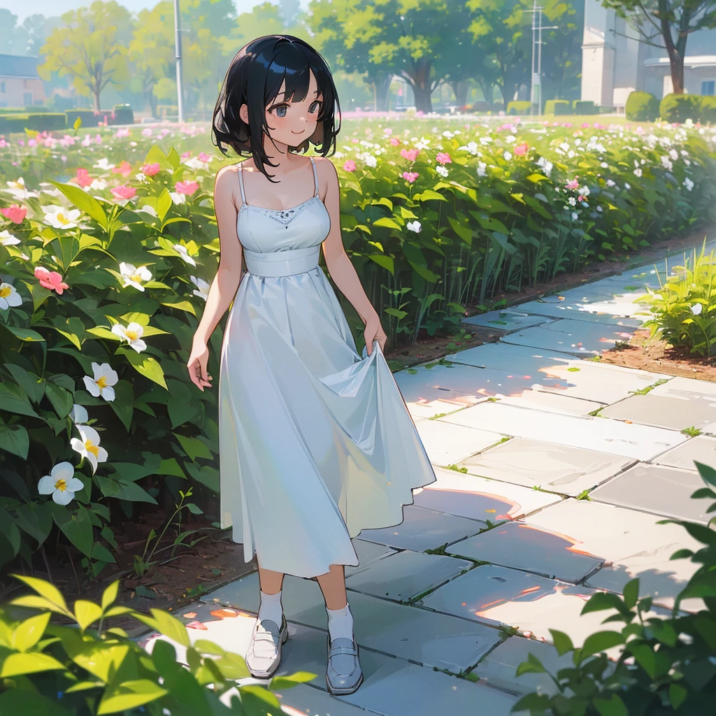 (high quality, High resolution, Very detailed, reality:1.37), Peaceful atmosphere, (Outdoor, garden),  girl standing alone, (my breasts are big.), Beautiful details, Cute Smile, (Black bob hair), White camisole dress, White socks, loafers.