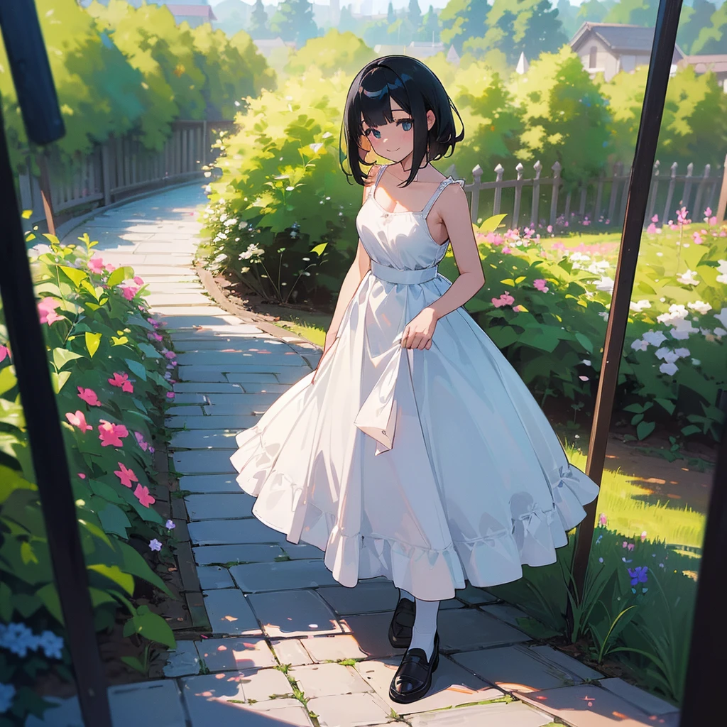 (high quality, High resolution, Very detailed, reality:1.37), Peaceful atmosphere, (Outdoor, garden), age girl standing alone, (my breasts are big.), Beautiful details, Cute Smile, (Black bob hair), White camisole dress, White socks, loafers.
