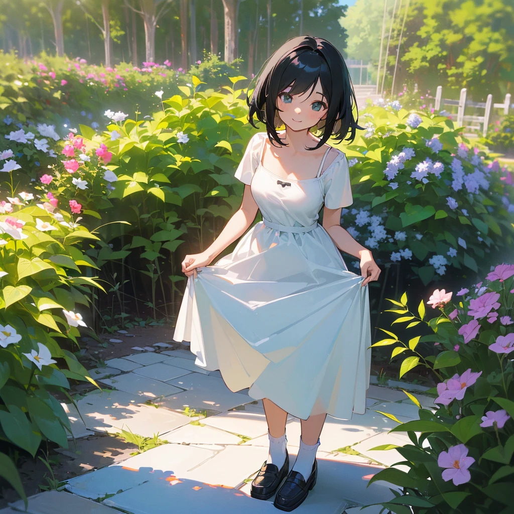 (high quality, High resolution, Very detailed, reality:1.37), Peaceful atmosphere, (Outdoor, garden), Teenage girl standing alone, (my breasts are big.), Beautiful details, Cute Smile, (Black bob hair), White camisole dress, White socks, loafers.