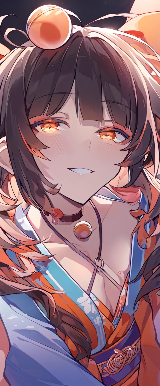 The Minimalists,pretty girl,There is a pair of balls on the head,Black haireworks in the dark background,Bohemian style,Clear lashes,Bright orange eyes,Clean通透的眼珠,Close shot,Man tilts his head towards the camera,Smile flat illustration,geometry,Clean,miHoYo comic illustration