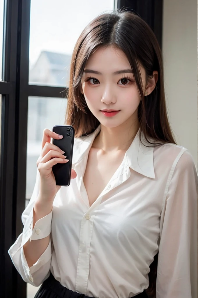 Selfie, Hair above the eyes, smile, Wearing a formal shirt,, girl,Age 25,
slender girl with Oval face shape,high cheekbones,Thin Nose,Fuller lips,Sharp jawline,
Beautiful round eyes,long and thick eyelash,Eye color is black or dark brown,Kind and bright eyes,
Straight long hair,Dark brown hair,Center part style with no bangs,Usually loosely、Or wear it in a low ponytail,
Small breasts,Tight waist,, , masterpiece, (highest quality:1.2), [:Intricate details:0.2],