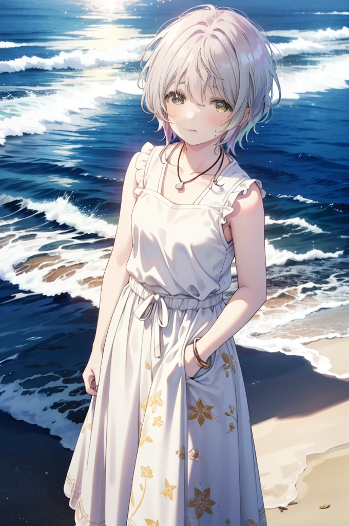 fuukakikuchi, fuuka kikuchi, １Girl Girl,short hair, bangs, Hair between the eyes, (Green Eyes:1.3), Straw hat,Brown seashell necklace,Gray Hair,smile,blush,White vest,Red Tank Top,Long skirt,Cute Sandals,whole bodyがイラストに入るように,Daytime,Clear skies,walking,morning,morning陽,The sun is rising,
break outdoors, Coastal Road,Sandy Beach,Building district,
break looking at viewer,whole body,Upper Body,
break (masterpiece:1.2), highest quality, High resolution, unity 8k wallpaper, (shape:0.8), (Fine and beautiful eyes:1.6), Highly detailed face, Perfect lighting, Highly detailed CG, (Perfect hands, Perfect Anatomy),
