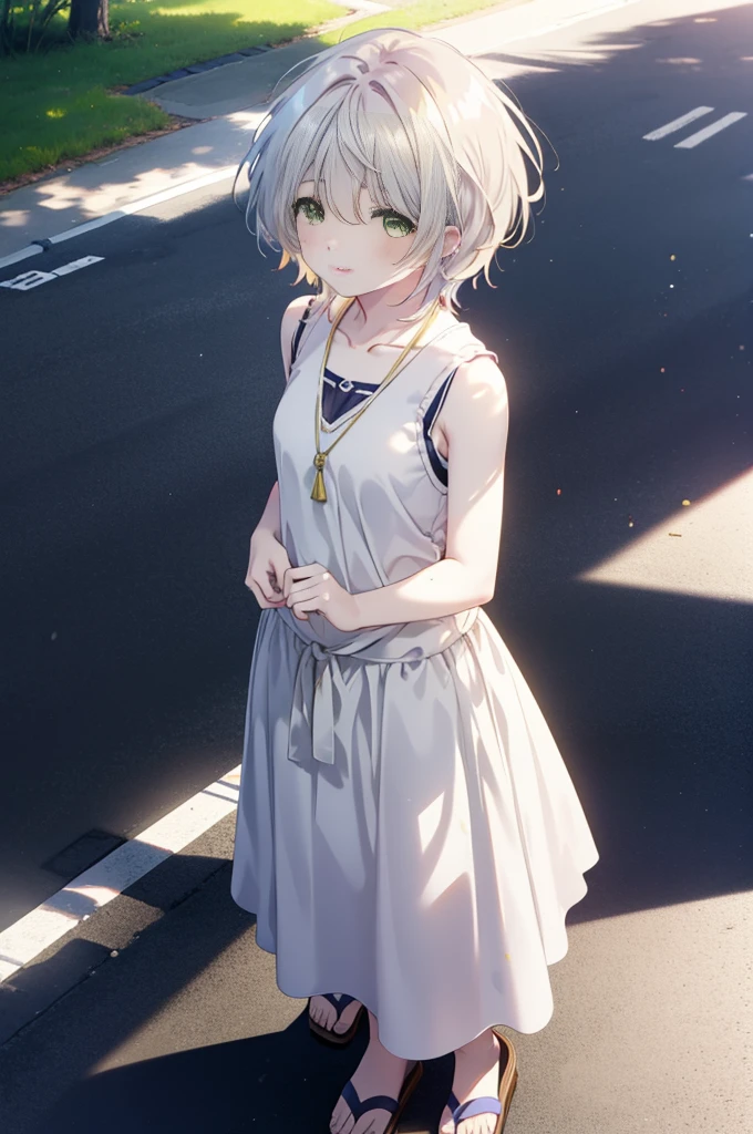 fuukakikuchi, fuuka kikuchi, 1Girl Girl,short hair, bangs, Hair between the eyes, (Green Eyes:1.3), Straw hat,Brown seashell necklace,Gray Hair,smile,blush,White vest,Red Tank Top,Long skirt,Cute Sandals,whole bodyがイラストに入るように,Daytime,Clear skies,walking,morning,morning陽,The sun is rising,
break outdoors, Coastal Road,Sandy Beach,Building district,
break looking at viewer,whole body,Upper Body,
break (masterpiece:1.2), highest quality, High resolution, unity 8k wallpaper, (shape:0.8), (Fine and beautiful eyes:1.6), Highly detailed face, Perfect lighting, Highly detailed CG, (Perfect hands, Perfect Anatomy),