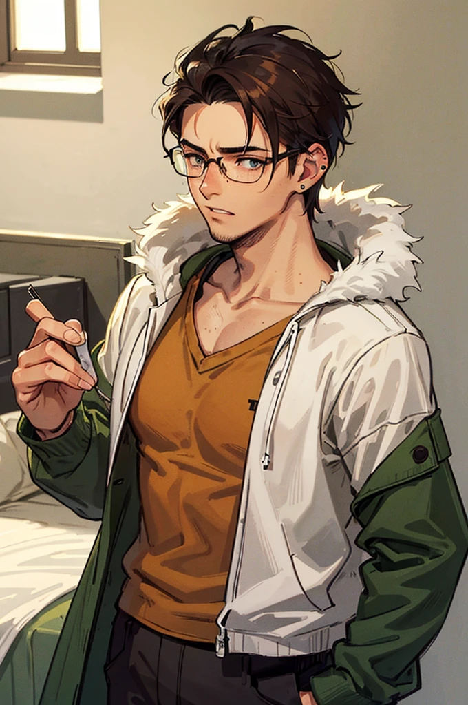A young man in his 20's with brown hair and green eyes. Tanned skin, freckles, glasses. Fluffy dark brown hair, pierced ears. Strong looking. Wearing modern style clothes. In a bedroom. Shy expression. Masculine.