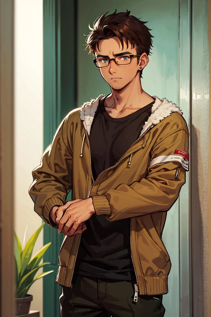 A young man in his 20's with brown hair and green eyes. Tanned skin, freckles, glasses. Fluffy dark brown hair, pierced ears. Strong looking. Wearing modern style clothes. In a bedroom. Shy expression. Masculine.