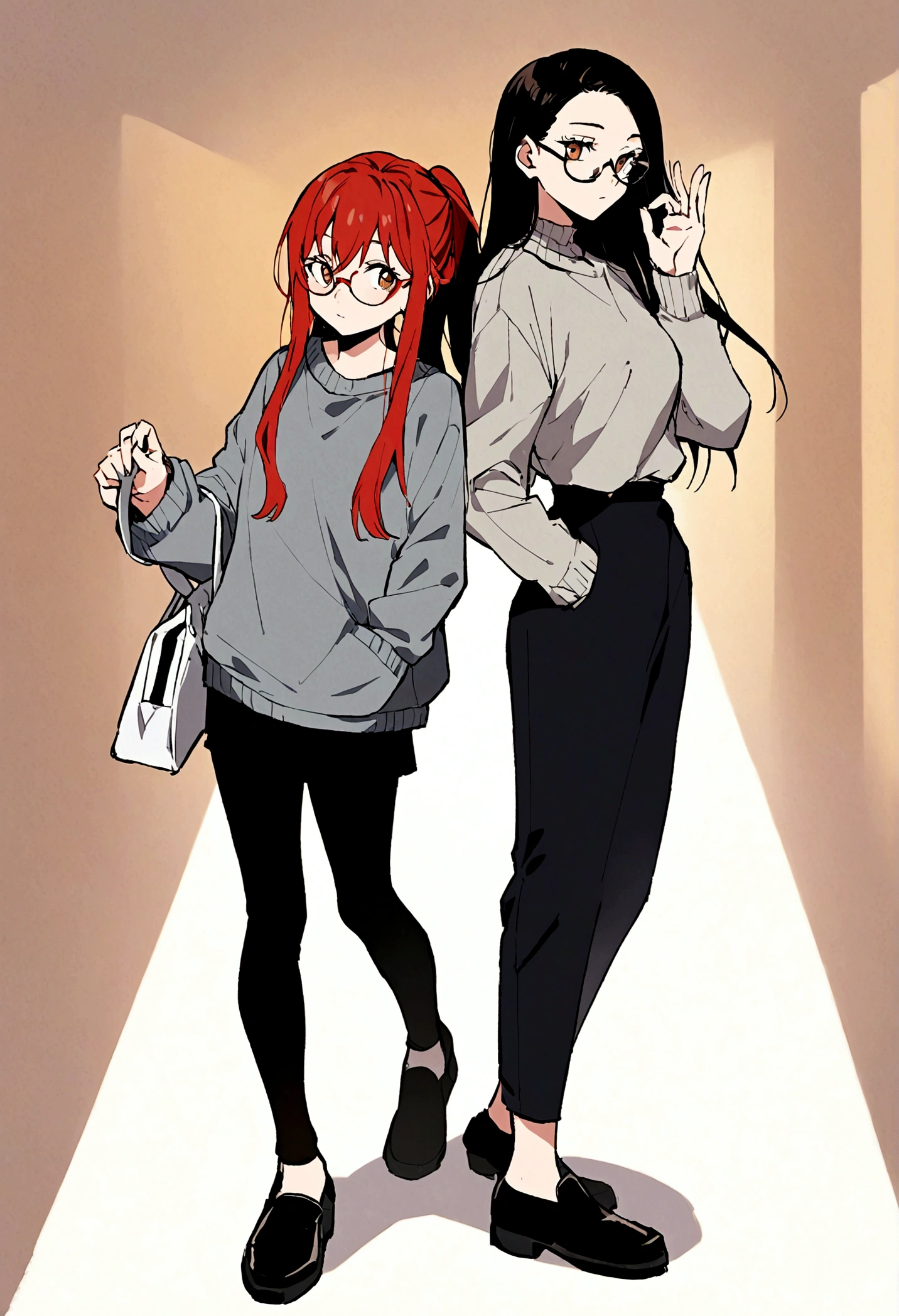 Jujutsu kaisen full body female anime character. She has _long red____ hair. She has brown eyes. She is wearing a grey sweater ___ with black skirt and black moccasin_ shoes. She is holding _a white bag_____ on one hand while the other is in his pocket. She also has _glasses.