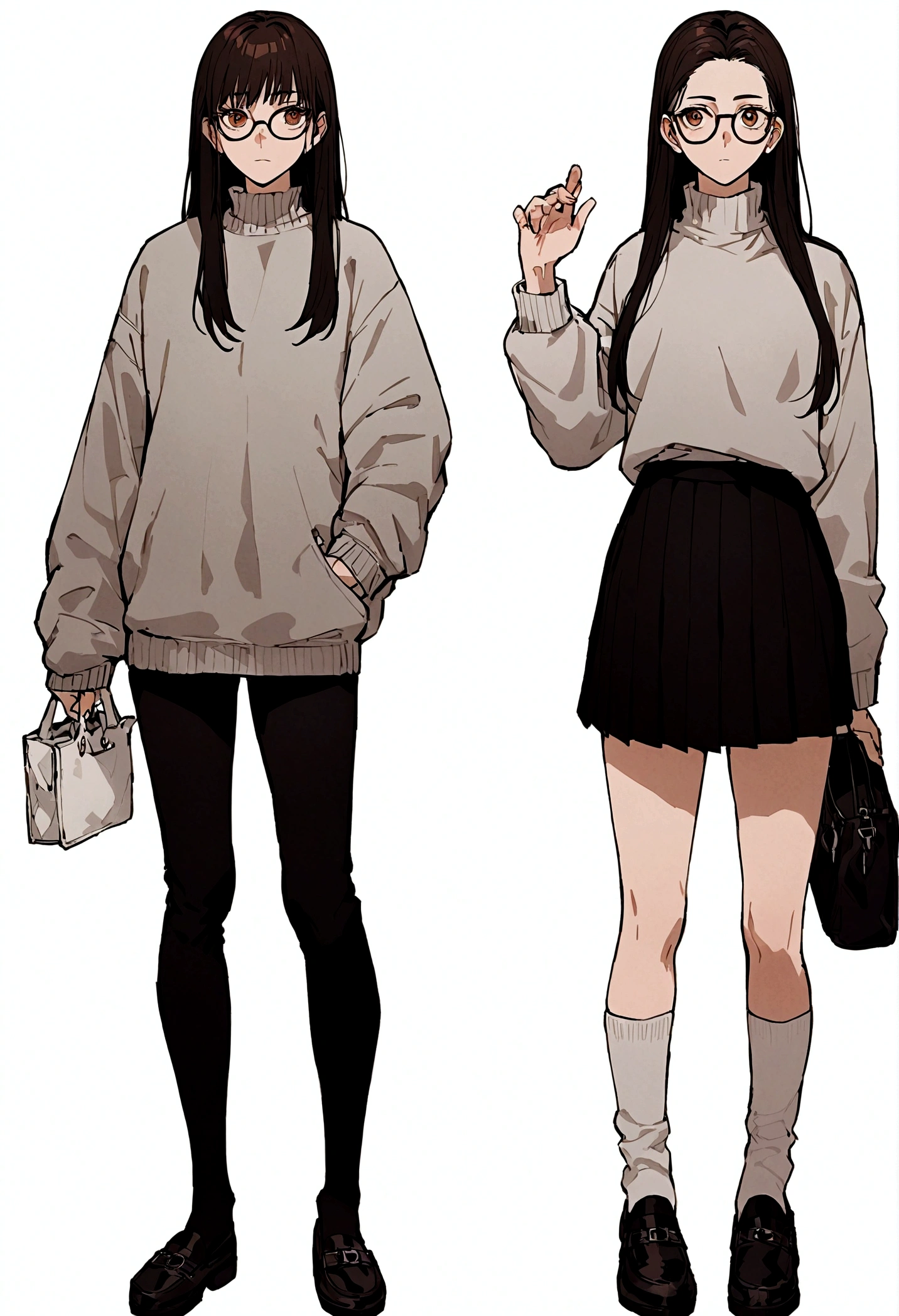 Jujutsu kaisen full body female anime character. She has _long red____ hair. She has brown eyes. She is wearing a grey sweater ___ with black skirt and black moccasin_ shoes. She is holding _a white bag_____ on one hand while the other is in his pocket. She also has _glasses.