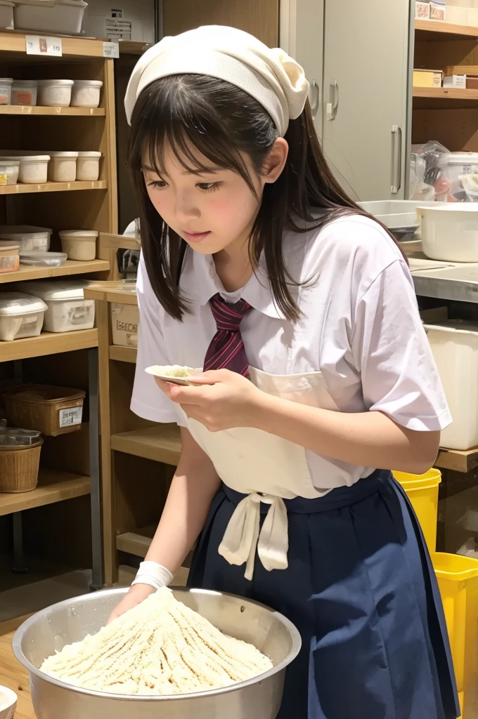High school girl treading udon flour