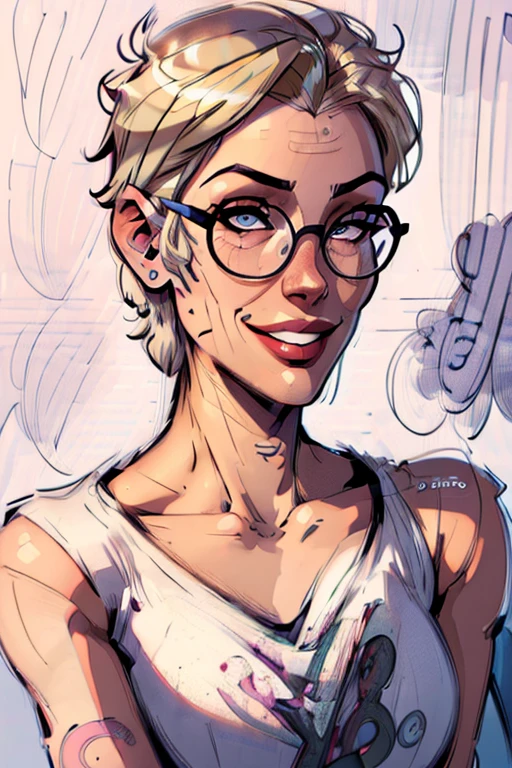 ((hyper-realistic illustration:1.4)), Athletic blonde woman, (short hair), tomboy, cute, ((smile)), Reading glasses, t-shirt, panties, very light makeup. Masterpiece, best quality,(highly detailed:1.2),(detailed face and eyes:1.2), depth of field, 8k wallpaper, natural lighting, core shadows, high contrast, bokeh.
