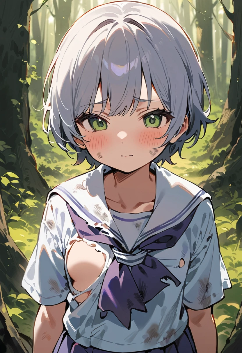 beautiful detailed girl,(masterpiece,best quality,extremely detailed:1.2),((cowboy shot:1.1)),(solo,,kawaii,slender,small breasts:1.25),(pained look:0.8),((white underwear) in ((Torn school uniform)):2),(dirty:2),blush,shy,weep,standing,(deep forest:1.5),(hug:0.4),rating: general, newest,Sexy face,(primitive:1.1)