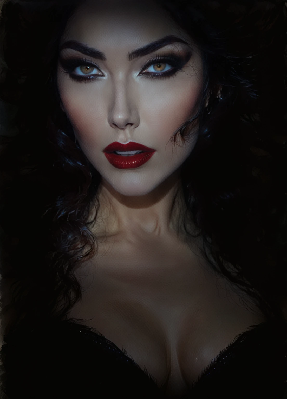 arafed woman with dark makeup and red lips in a dark room, portrait of a dark goddess, inspired by George Hurrell, dark hair and makeup, cinematic goddess close shot, sultry expression, sinister complexion, with haunted eyes and dark hair, 4 k glamour photography, portrait of megan fox as demon, vampire portrait, profile shot, portrait of a lady vampire