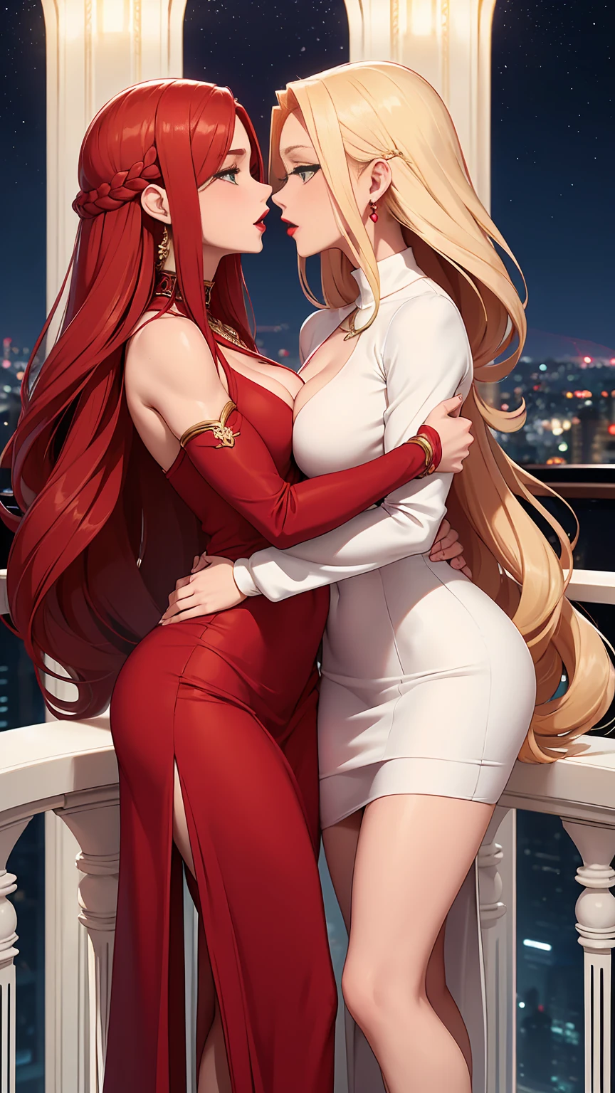 Two beautiful women with long braided red hair and mid wavy blond hair, respectivetly, with green eyes wearing a Short Mock Neck Cut Out Dress, Sexy Criss Cross Mock Neck ((Mid Sleeves)) Dress, ((luxurious jewelry)), standing in a balcony at night, hugging closely and giving each other a French kiss (white skin), (red lipstick), (elegant mascara), (muscular body with abs), (small breasts) midjourney, <lora:GoodHands-, <lora:GoodLegs-, UHD, high resolution, (masterpiece:1.1, best quality), (expressive eyes, perfect face, full body, expressive face, perfect body, athletic, fit, slim body, blushing, Perfect makeup, eyeliner, beautiful eyelashes, smiling, horny face), ((Gold dress)), ((Silver dress)), ((Tight dress)), ((best illumination, best shadows)), ((lesbian French kiss)), (()), ((grabbing ass)), ((teasing pussy))