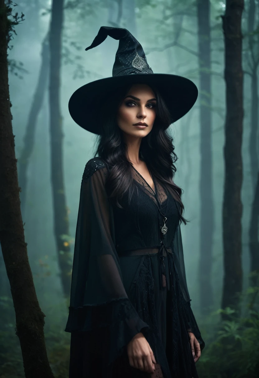 a beautiful woman WITCH WITH A hat and Forest the Style-RustMagic, Aum, (atmosfera escura:1.2), (Mist & smoke), (noite escura:1.3), Cicatrizes, (shaggy medium length dark hair:1.1), (sombra:1.1), (brilho lindamente detalhado:1.2), (cinematic lighting), detalhe intrincado, high resolution,