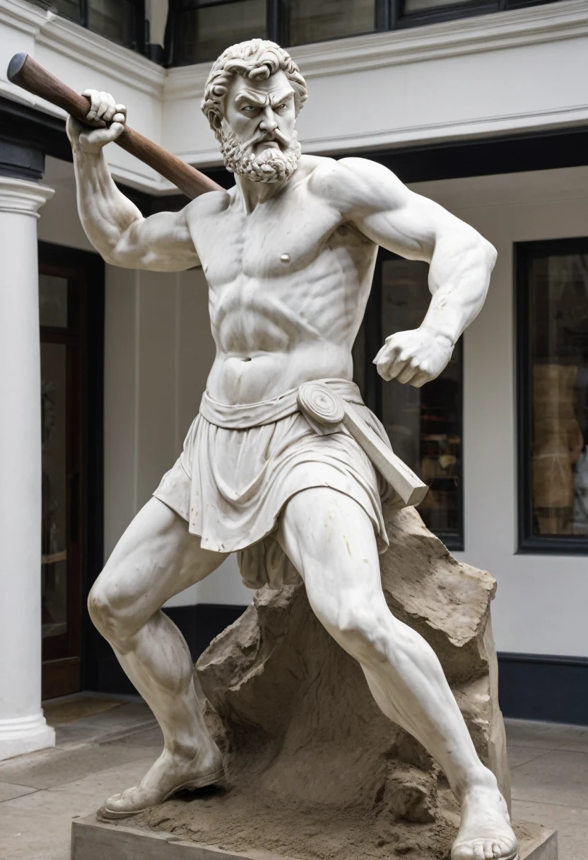 Plaster statue of a man who has an ax in one hand and is about to attack. The face of the statue is facing