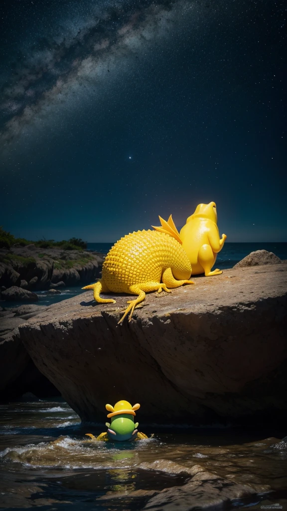 Sapo amarelo com asas, nadando no oceano, farting instant noodles, segurando uma estrela, paisagem natural, ultra realista