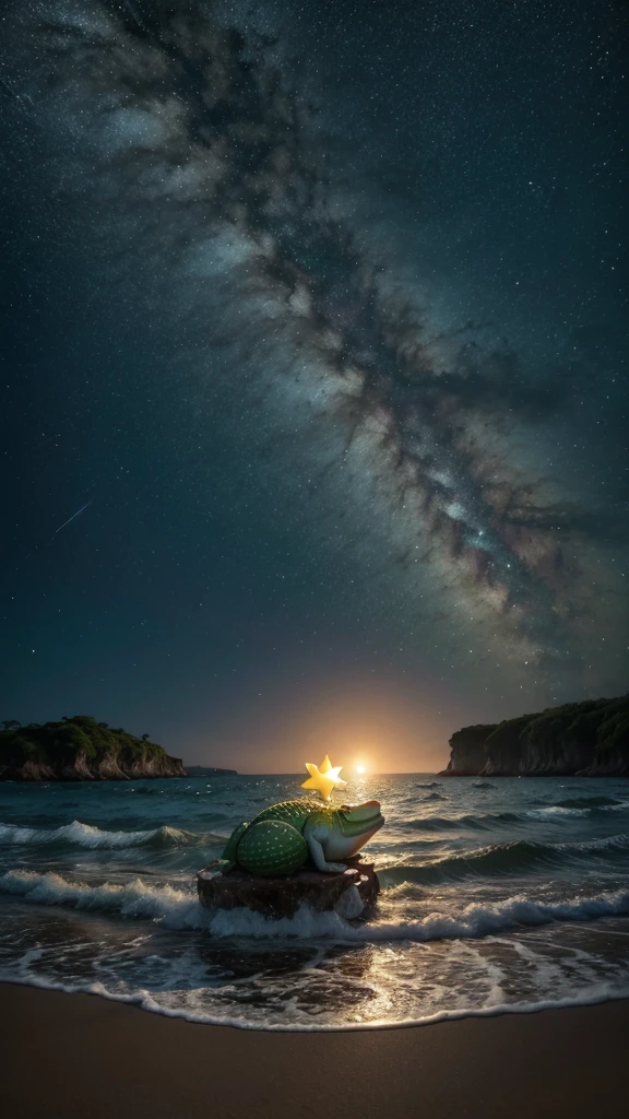 Sapo amarelo com asas, nadando no oceano, farting instant noodles, segurando uma estrela, paisagem natural, ultra realista