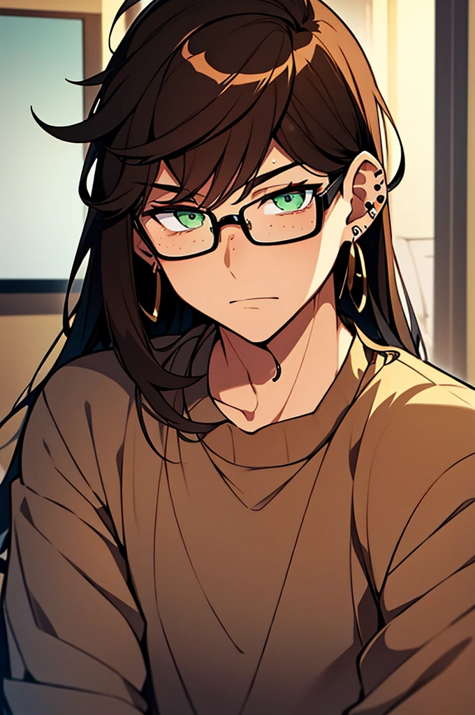 A young man in his 20's with brown hair and green eyes. Tanned skin, freckles, glasses. Fluffy dark brown hair, pierced ears. Strong looking. Wearing modern style clothes. In a bedroom. Shy expression. Masculine.