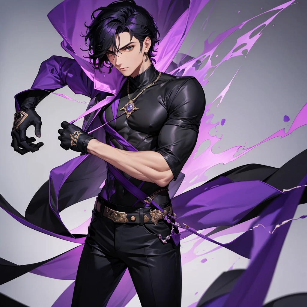 Homem com etnia roxa com coroa de espadas, terno roxo, black pants, Without a hand.