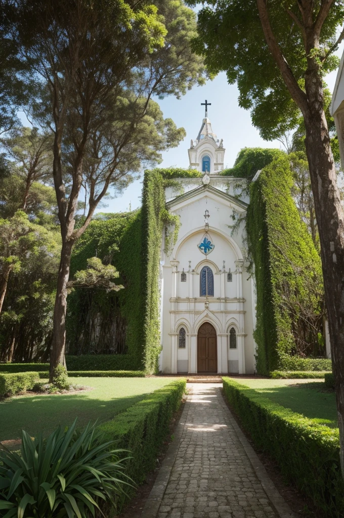 Make the image of a convent/igreja, fica na floresta e uma estrada de terra