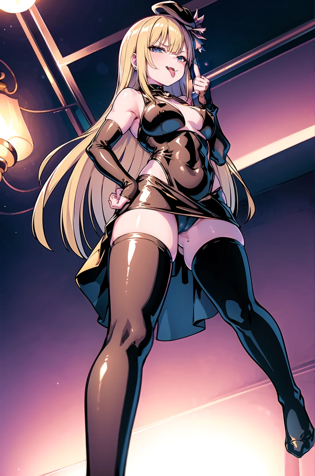 (最high quality, 8k, masterpiece: 1.3, Ultra HD, high quality, 最high quality, High resolution),1 girl,Five Fingers,(Middle finger:1.5),(Hands on hips:1.3),(Black bodycon dress:1.5),Black underwear:1.1,Micro Dress, Shiny Dress, Elbow hand pockets:1.2, belly button:1.1, (Waist cutout),mini skirt, (Thigh-high socks:1.5),clavicle:1.1,Large areola,Puffy nipples, Huge breasts,O-ring:1.2, necklace, bracelet, Golden, jewelry,Hoop Earrings,reines,:2.0,Primary school students:2.0,Sweat:1.5,vapor:1.5,excessive cum:1.1,undefined,Big Tits:2.0,Glowing purple eyes:1.2,Looking at the audience,Absurd, brainwashing,Hollow Eyes:1.2,(long tongue:1.5),despise:1.7,Ecstatic expression:1.5,anger:1.7,excited:1.5,Taunt:1.5,beret,avert your eyes ,Full body portrait,(night,Canopy bed bedroom:1.2),(from below:2.1), 最high quality、4K、8k、High resolution、Must have:1.2、非常にdetailed,Hyper HD、Studio Lighting、Ultra High Definition Paint,Physically Based Rendering、極限までdetailedに、Professional specifications、Vibrancy and color、Blurred,Game CG, Anime screenshots, Official Art,アニメ Big Tits,Perfect body,Improved cost performance,masterpiece,c最high quality, Official Art, extremely detailed CG unity 8k wallpaper,Sharp focus: 1.5, Very detailed CG unity 8K wallpaper, Dark cinema lighting, Shiny skin, Glowing Skin,detailed,