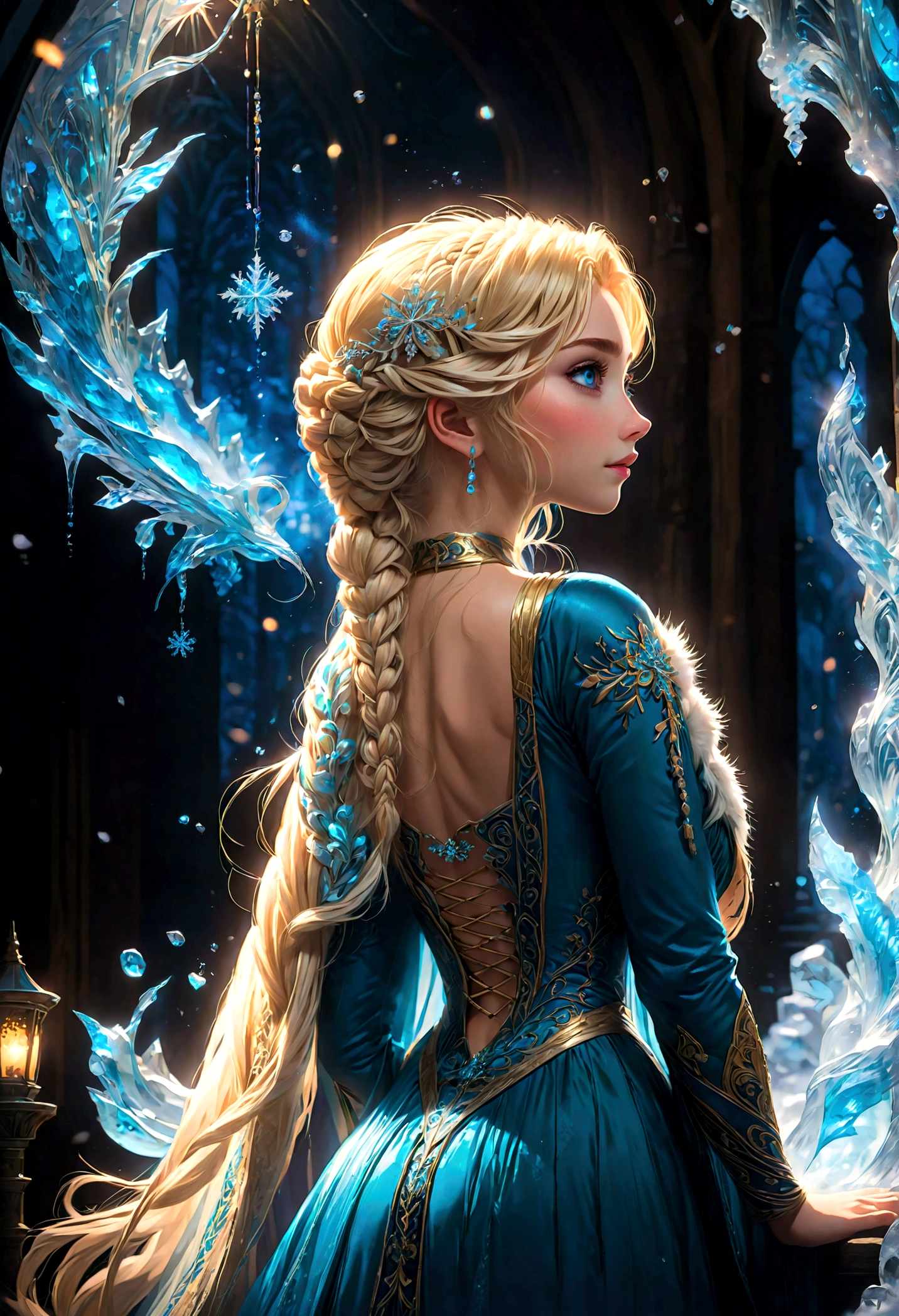 1girl, elsa (frozen), braid, braided hair, blonde hair, single braid, dress, cape, makeup, long hair, hair over shoulder, solo, fur trim, (Back View:1.4), indoor, castle made of ice, snowflake, winter, anime screenshot, source_anime, dramatic composition, cinematic dynamic action scene, vibrant colors, cinematic lighting, dramatic lighting, best quality, masterpiece, very aesthetic, perfect composition, intricate details, ultra-detailed