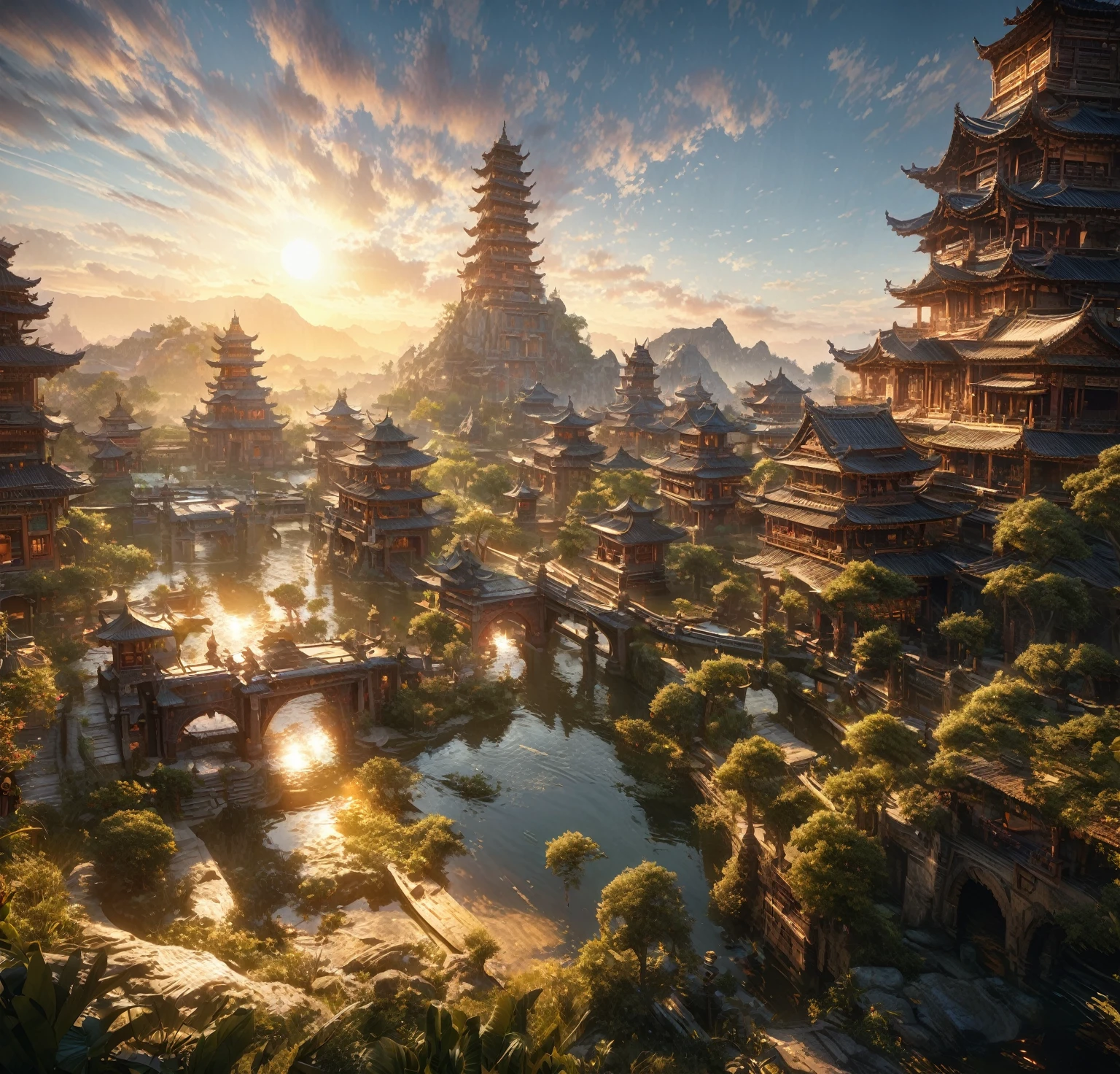 A stunning golden city, beautiful landscape, golden light, sun shining in the sky, detailed oriental house, intricate architecture, lush vegetation, serene pond, magnificent monuments, ornate details, photorealistic, 4k, ultra-detailed, realistic lighting, vibrant colors, cinematic composition, masterpiece