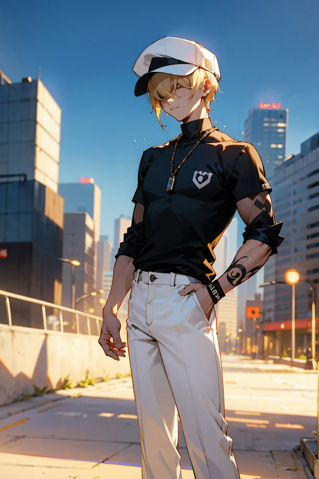 1male, blonde hair, hair over eyes, expressionless, black shirt, arm tattoos, white pants, baseball cap, city background, detailed background, hands to side, standing on path