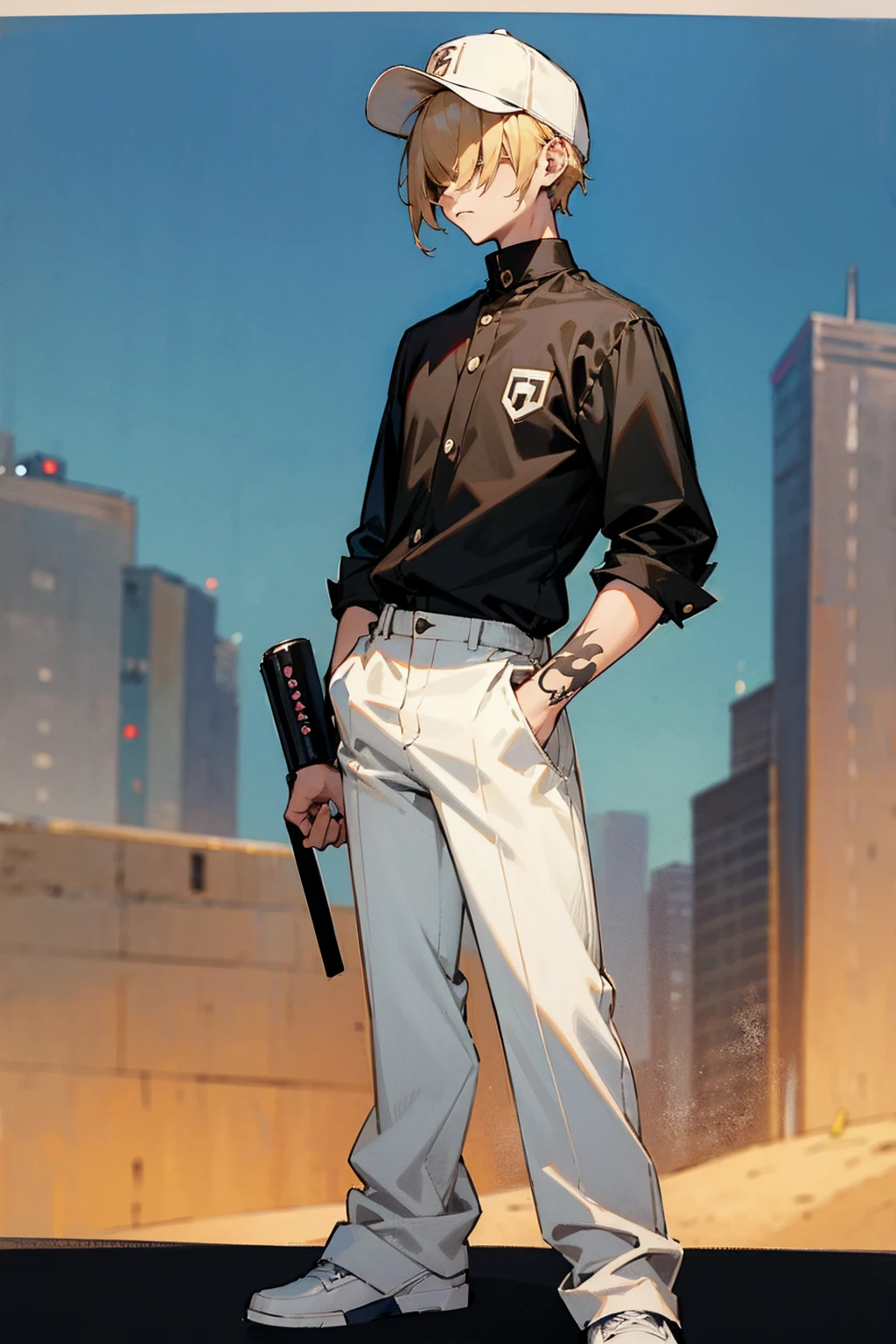 1male, blonde hair, hair over eyes, expressionless, black shirt, arm tattoos, white pants, baseball cap, city background, detailed background, hands to side, standing on path