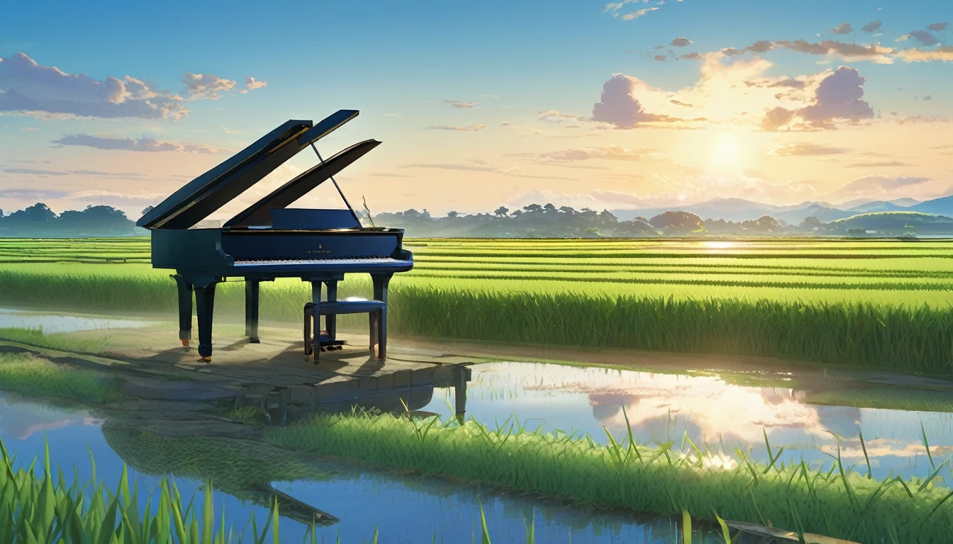 A grand piano in the Japanese countryside、In the background, rice fields are planted.、The sky is a piercing blue.、Makoto Shinkai style touch、A grand piano placed on the bank in front of the rice fields、The piano is not submerged in water.、A grand piano placed beside a rice field